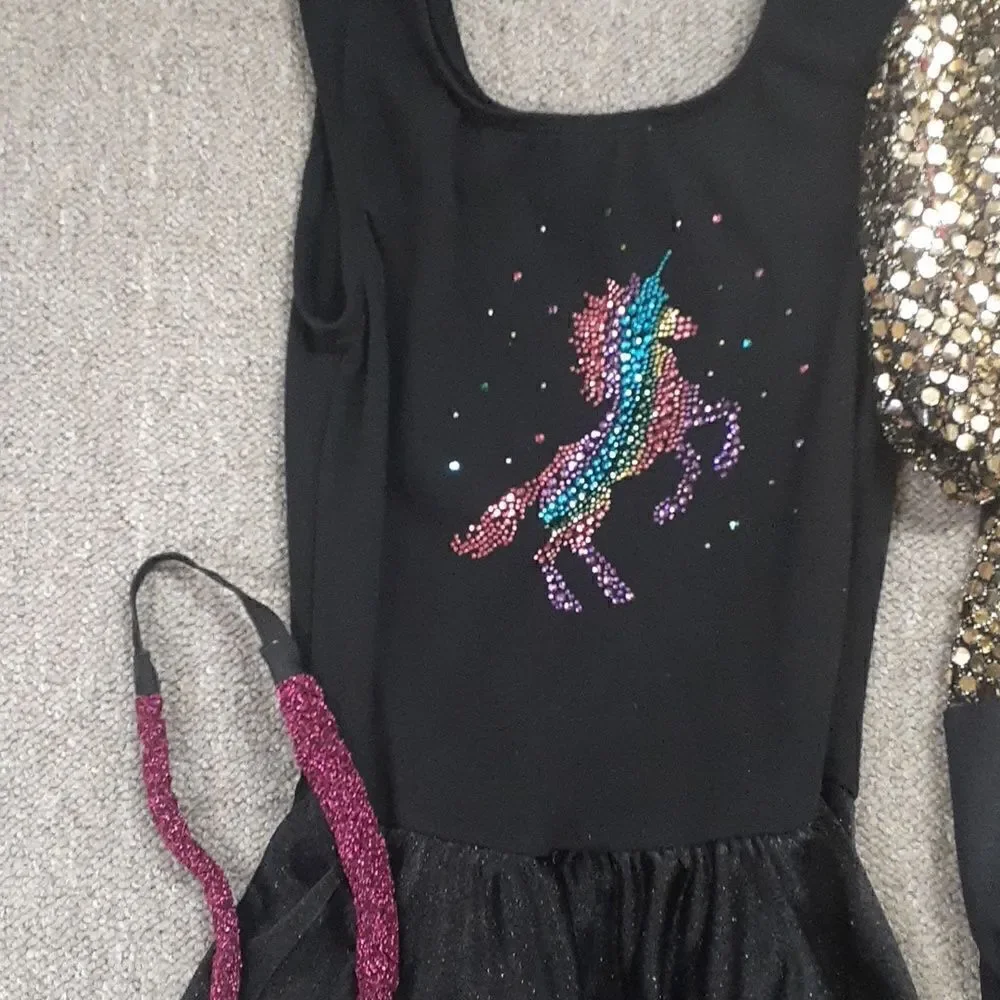 4 pc bundle of unicorn leortard‎ and flashy dancer, hair pc, white pantyhose.